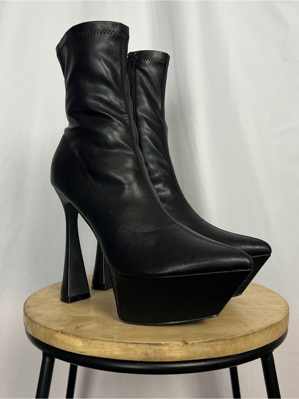 Black Vegan Leather Pointed Toe Platform Ankle Boots